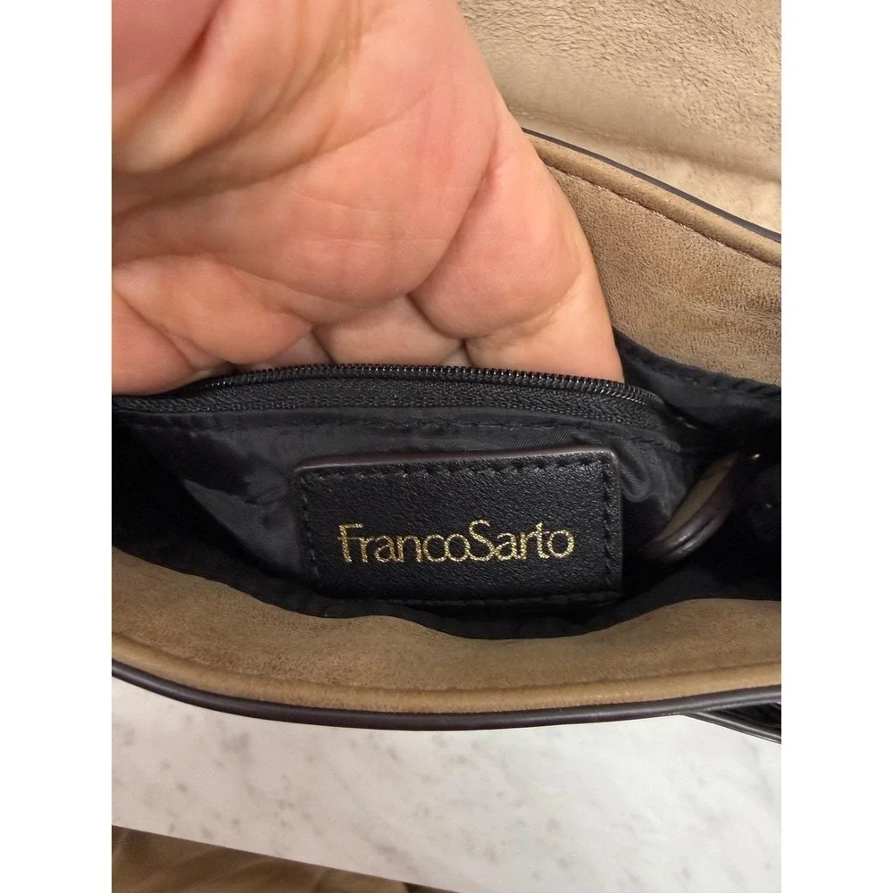Franco Sarto Taupe Tan Crossbody Bag Braided Whipstitch Tassel Saddle Bag Mens